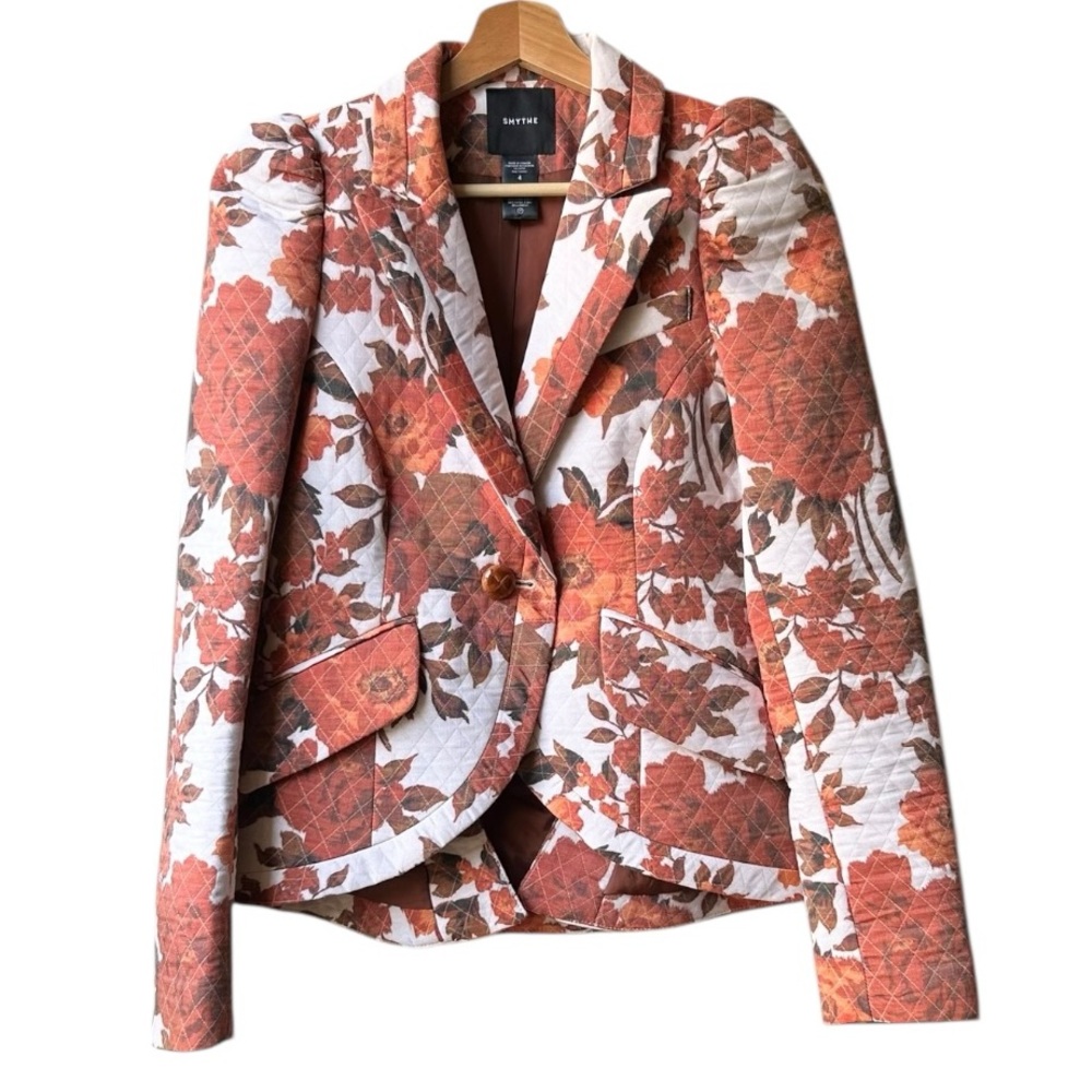 SMYTHE taped pouf sleeve one button blazer in Orange White rust floral Sz 4 - Picture 4 of 13